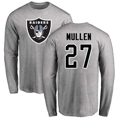 Men Oakland Raiders Ash Trayvon Mullen Name and Number Logo NFL Football #27 Long Sleeve T Shirt->nfl t-shirts->Sports Accessory